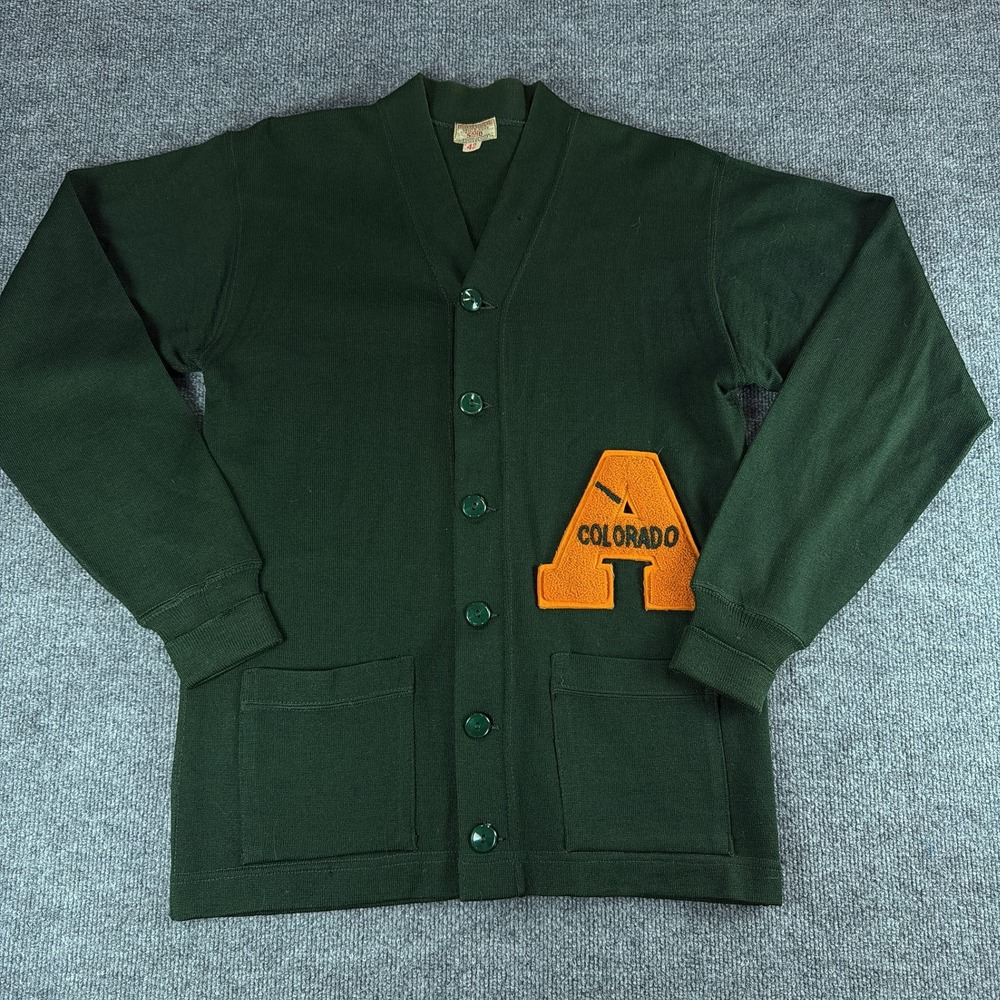 Vintage Sand-Knit Colorado Letterman Cardigan Sweater Green Orange Patch Sz 42